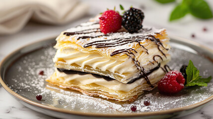 Layered cake with berries. A piece of delicious pie with berries.