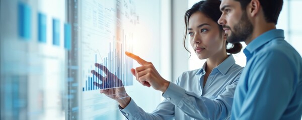 Business team analyze financial graph touch screen. Colleagues work with futuristic tech solution for business development. Concept of data analysis, strategy, investment, marketing. Modern digital