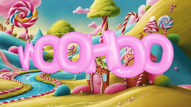 Appearing glossy pink text WOOHOO rotating, revealing message in candy land, with gingerbread house
