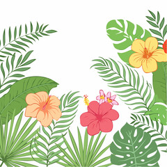 Thin line vector drawings of tropical leaves and flowers on white background