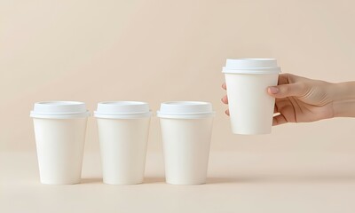 A woman's hand picks up one blank paper coffee cup from a row. This minimalist concept represents choice or service, and serves as a mockup for cafe branding on a neutral beige backgroun