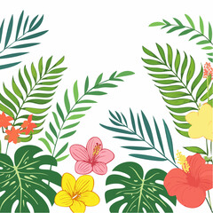 Thin line vector drawings of tropical leaves and flowers on white background