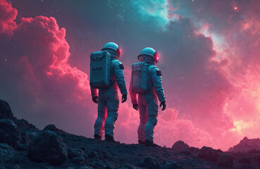 Two astronauts in spacesuits stand together on alien planet with pink nebulae clouds. Exploration concept, science fiction space travel illustration with glowing helmets against colorful galaxy