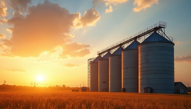 Sunset over grain silos in rural landscape. Agriculture farm field, industrial storage, food production, harvest, wheat, corn, barley crops under orange sky. Modern tech, agribusiness, export,