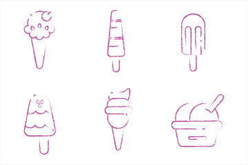Pink ice cream, doodle, hand drawn icon set, outline drawing, ice cream line clipart, brush symbol collection