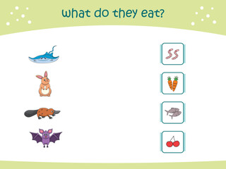 What do they eat matching game for kids with cute wild animals. activity page for kindergarteen and preschool. Vector illustration