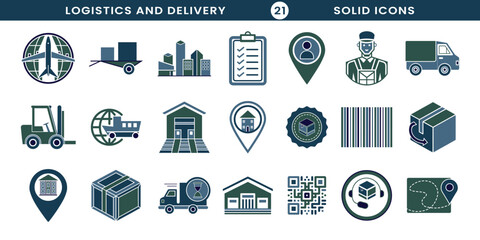Collection of logistics and delivery vector icons with various transportation and service elements