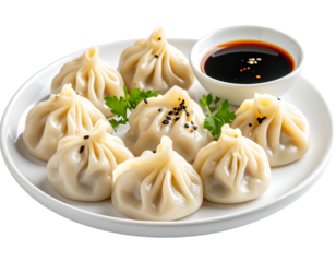 Set of Steamed Xiao Long Bao Dumplings with Sauce Dish, Side View, isolated on transparent background