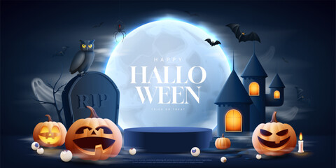 Naklejka na ściany i meble Happy Halloween celebration banner. Vector background with smiling pumpkins, flying ghosts and bats, bright moon, candle, pupils, podium. Cute Halloween card for branding, ads, social media, sale.