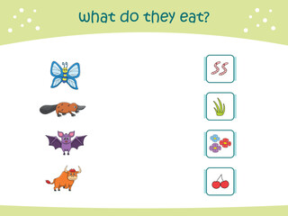 What do they eat matching game for kids with cute wild animals. activity page for kindergarteen and preschool. Vector illustration