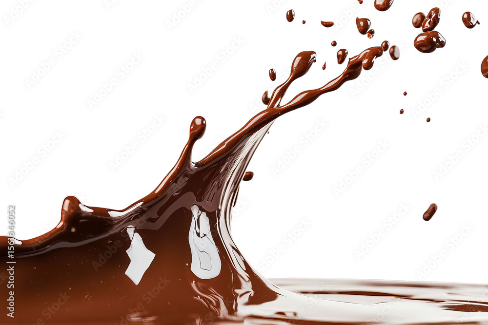 Poster transparent png, dynamic splash of rich, dark chocolate on a black background, creating an enticing 