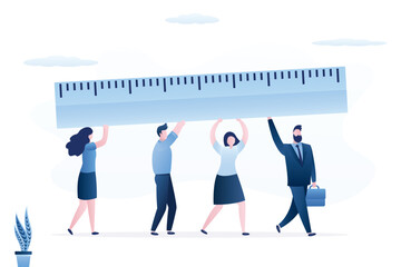Businessmen and businesswomen measuring success. Business team carry and using giant ruler to measure kpi, profit or job. Corporate development.