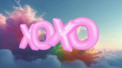 Materializing pink balloon letters XOXO rotating above clouds, sky shifting sunrise hues - Powered by Adobe