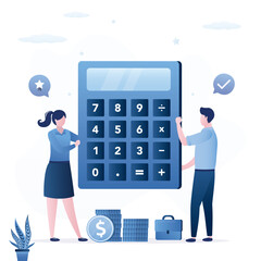 Young attractive family save money. Family budget concept. Financial planning and saving strategy. Investing in the future, love couple counts their money on calculator