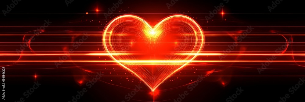 Poster abstract digital art featuring a red heart surrounded by glowing rays on a dark background