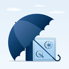 Umbrella and strongbox, money protection, insurance. Savings protection concept. Save money, security. Management, banking. Assurance and warranty. Bank storage or account