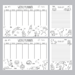 Set of Weekly planner and to do list with cute cats, adorable pets, domestic cas, hand drawn banner. Collection of agenda and planners