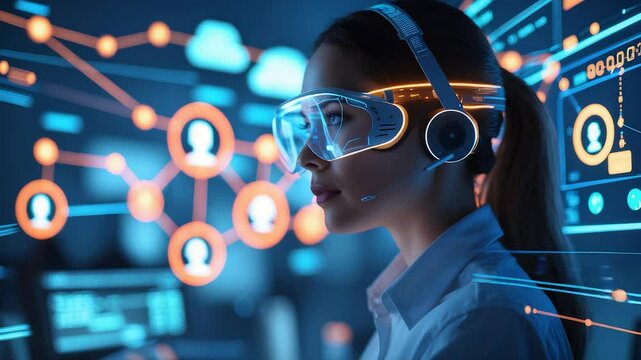 Woman Headset Goggles Screen Network Data Connections Digital Interface Room