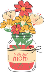 Happy mothers day cards and posters for the spring holiday. Vector illustration of a date, a women and a bouquet of flowers.