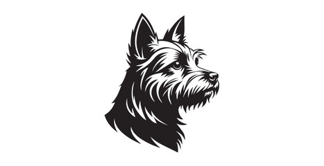 Stylized black and white silhouette of a terrier dog head