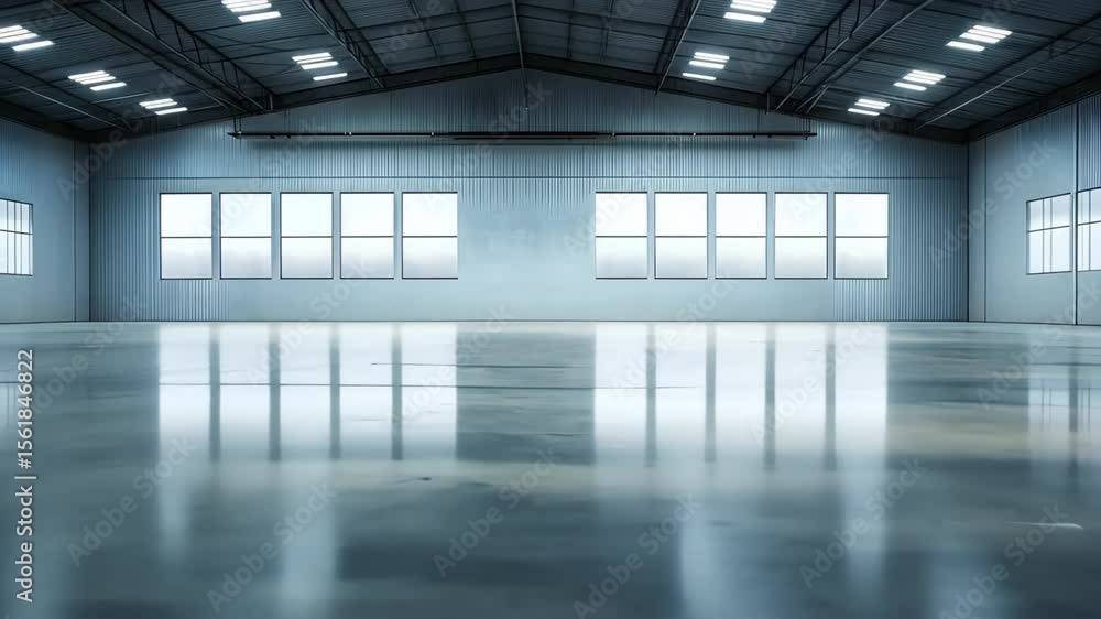 Poster an empty industrial space with smooth floors and large windows, featuring a minimalist design and na