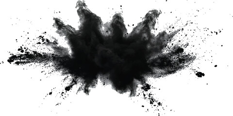 Black color explosion isolated on white background. Vector black dust explode. Paint holi. Black vibrant rainbow holi paint color powder explosion with bright colors isolated white background.	
