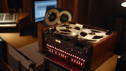 Vintage reel-to-reel tape recorder with illuminated controls - Powered by Adobe