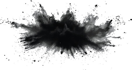 Black color explosion isolated on white background. Vector black dust explode. Paint holi. Black vibrant rainbow holi paint color powder explosion with bright colors isolated white background.	