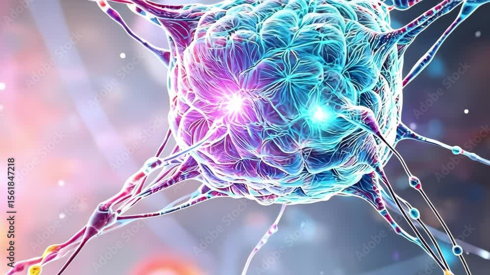 Poster a colorful representation of a neuron, showcasing its intricate structure and connections in a vibra