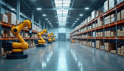 Futuristic warehouse with robotic arms, automating inventory. High-tech storage, AI surveillance, security systems with biometric access doors. Modern industrial facility with innovative smart tech,