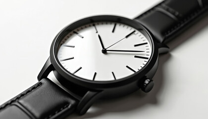 Minimalist black wristwatch on clean white background. Matte black case with leather strap. Classic design, simple lines, perfect for product presentations, timekeeping. Timepiece branding.