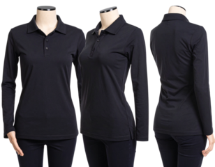 Set of Woman’s Black Slim Fit Polo Tee Shirt — Front, Back, and Side Views, isolated on transparent background
