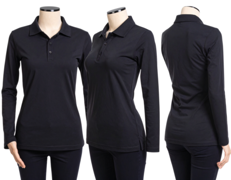 Set of Woman’s Black Slim Fit Polo Tee Shirt — Front, Back, and Side Views, isolated on transparent background