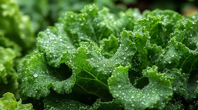 Close up Of Fresh Green Leafy Greens With Water Droplets On Leaves Vegetable Image Food Photography Plant Macro Shot Fresh Produce From Farm Garden Agriculture Harvest Healthy Eating Vegetarian Vegan - Powered by Adobe