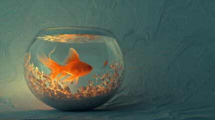 A golden fish rescued in a bowl placed in the ocean, symbolizing escape and rebirth. Rendered as a 3D concept art. 