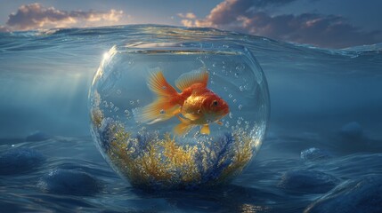 A golden fish rescued in a bowl placed in the ocean, symbolizing escape and rebirth. Rendered as a 3D concept art. 