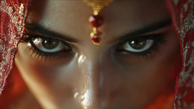 Female character in traditional bridal attire, including red and gold jewelry, bindi on forehead, and makeup, evoking a South Asian cultural celebration.