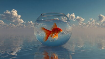 A golden fish rescued in a bowl placed in the ocean, symbolizing escape and rebirth. Rendered as a 3D concept art. 