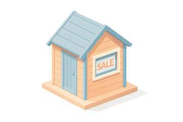 Beach Hut with Sale Sign Small Coastal Vacation Building