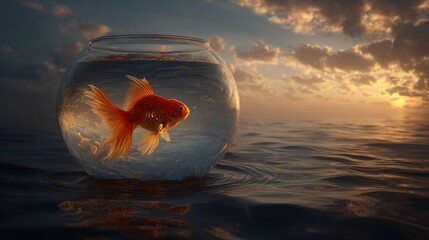 A golden fish rescued in a bowl placed in the ocean, symbolizing escape and rebirth. Rendered as a 3D concept art. 