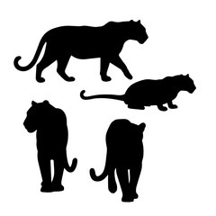 Leopard or jaguar silhouette set with cub. Vector icons of a wild spotted big cat for safari and wildlife concepts.
