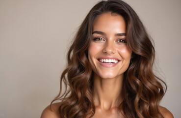 Naklejka premium Smiling young woman with long wavy brown hair. Happy face shows perfect white teeth, healthy glowing skin, makeup. Beauty portrait of model, good hair, look, smile.