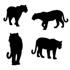 Leopard or jaguar silhouette set. Vector icons of a wild spotted big cat for safari and wildlife concepts.

