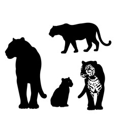 Tiger silhouette collection in various poses. Vector icons of a wild big cat for wildlife, power, and nature themes.

