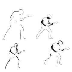 Guitarist sketch and line art set. Hand-drawn illustration of a musician playing a rock guitar.
