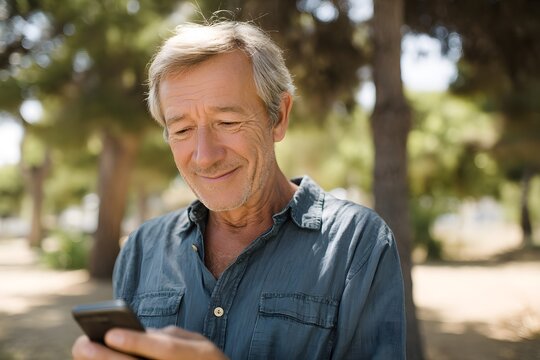 Casual Senior Man with Smartphone, Nature and Wellness