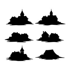 Spooky town vector pack. Black silhouettes of gothic houses for Halloween party invitations or posters.
