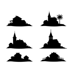 Collection of architectural silhouettes. Various small town, suburban house, and fantasy village illustrations.