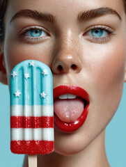 Portrait of sexy woman licking patriotic popsicle with stars and stripes on vibrant blue background, us theme