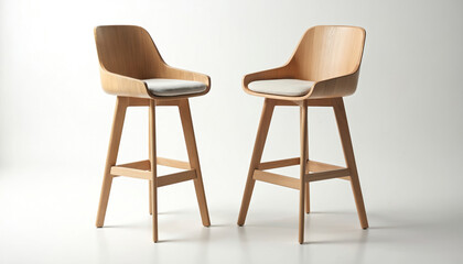 Two modern wooden bar stools with padded seats in a studio shot. Minimalist design, light wood, neutral colors. Contemporary furniture for kitchen, home decor.